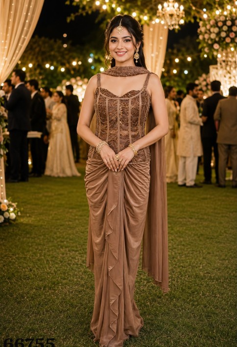 Brown Lycra Embroidered Work Contemporary Saree for Ceremonial