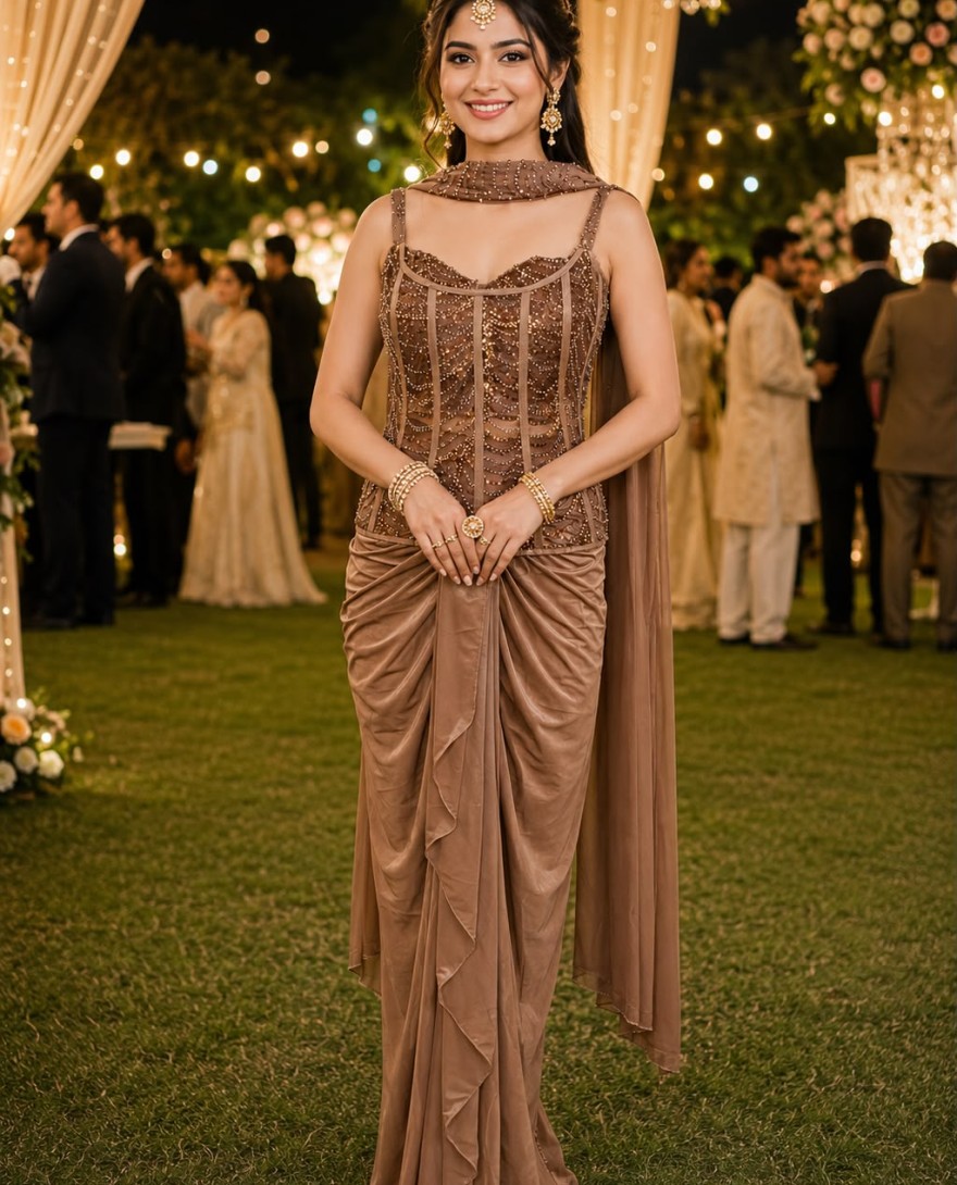 BROWN - Brown Lycra Embroidered Work Contemporary Saree for Ceremonial