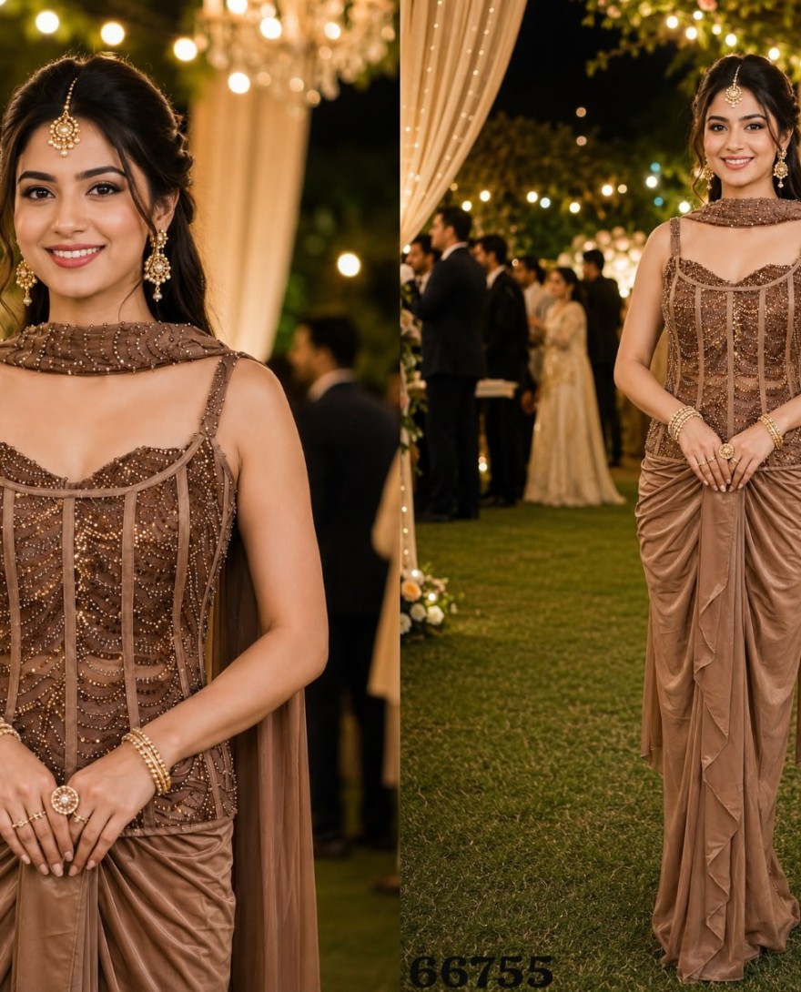 BROWN - Brown Lycra Embroidered Work Contemporary Saree for Ceremonial