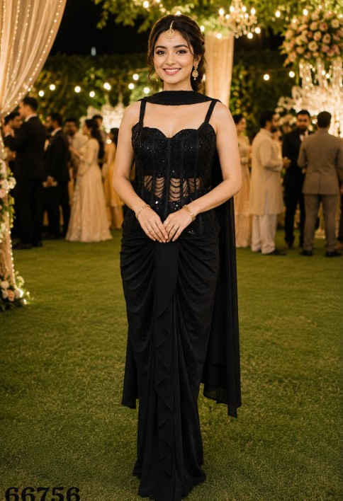 Black Lycra Classic Saree with Embroidered Work for Ceremonial