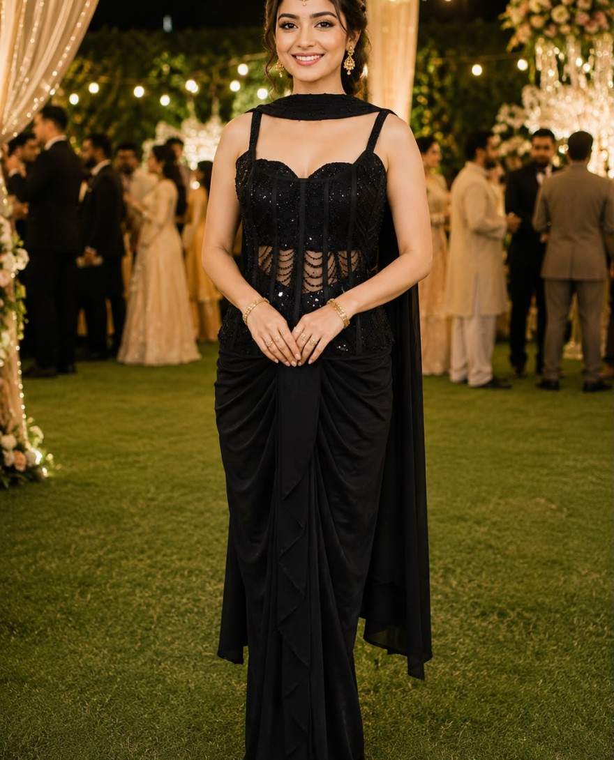 BLACK - Black Lycra Classic Saree with Embroidered Work for Ceremonial