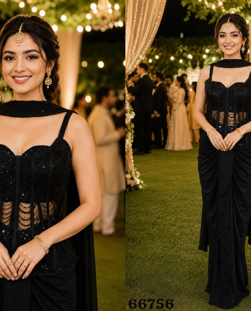 BLACK - Black Lycra Classic Saree with Embroidered Work for Ceremonial