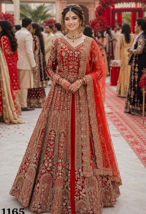 Red Net Readymade Lehenga Choli with Embroidered, Sequins and Stone Work