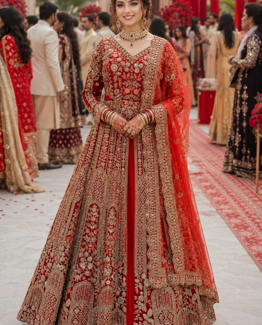 RED - Red Net Readymade Lehenga Choli with Embroidered, Sequins and Stone Work