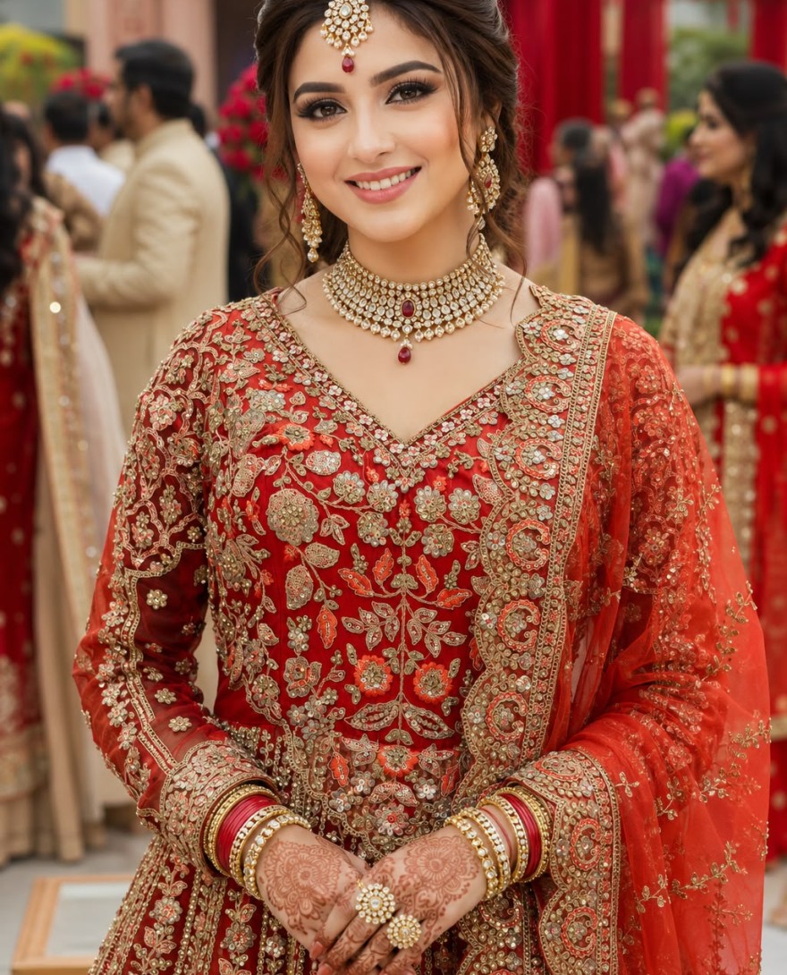 RED - Red Net Readymade Lehenga Choli with Embroidered, Sequins and Stone Work