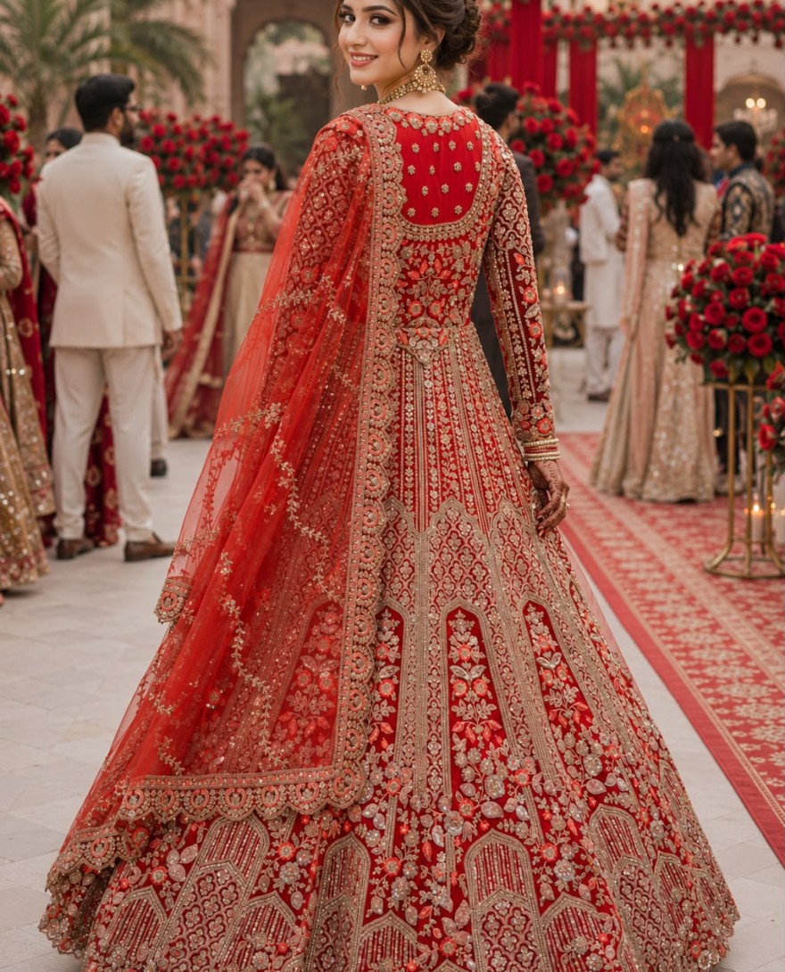 RED - Red Net Readymade Lehenga Choli with Embroidered, Sequins and Stone Work