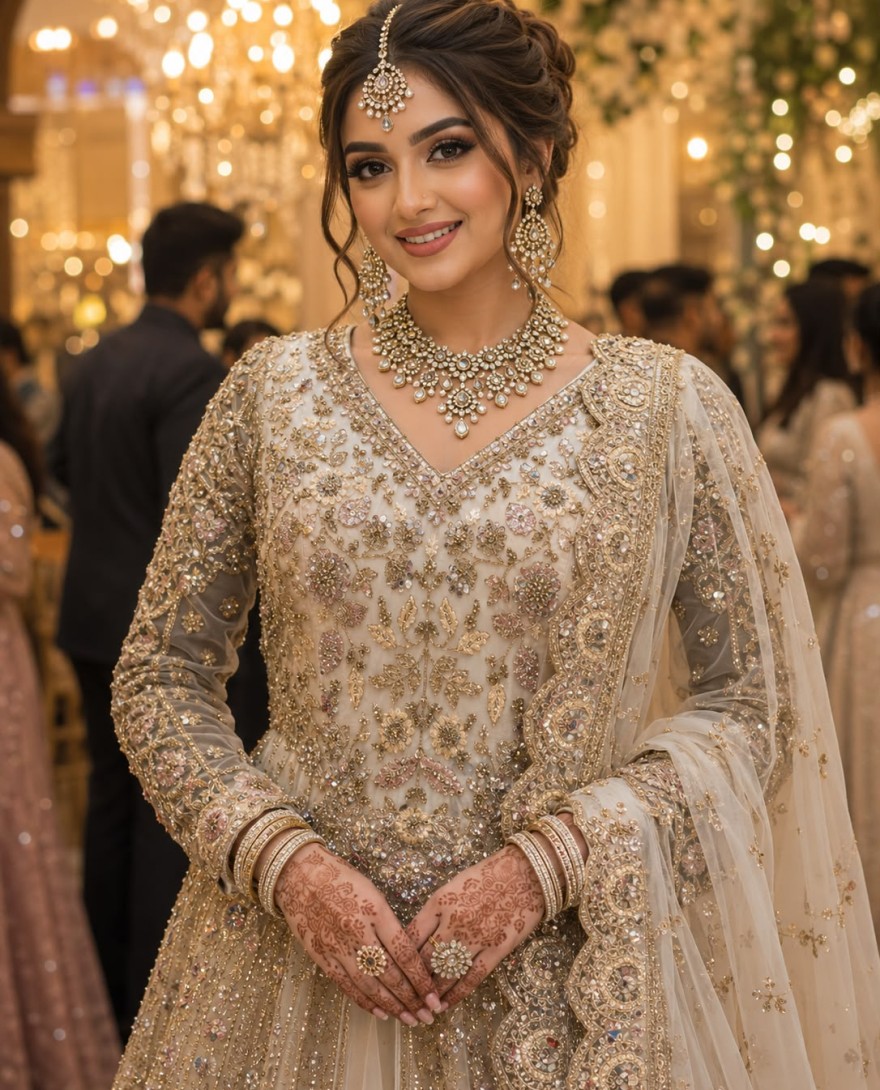 SILVER - Off White Net Lehenga Choli with Embroidered, Sequins and Stone Work for Reception