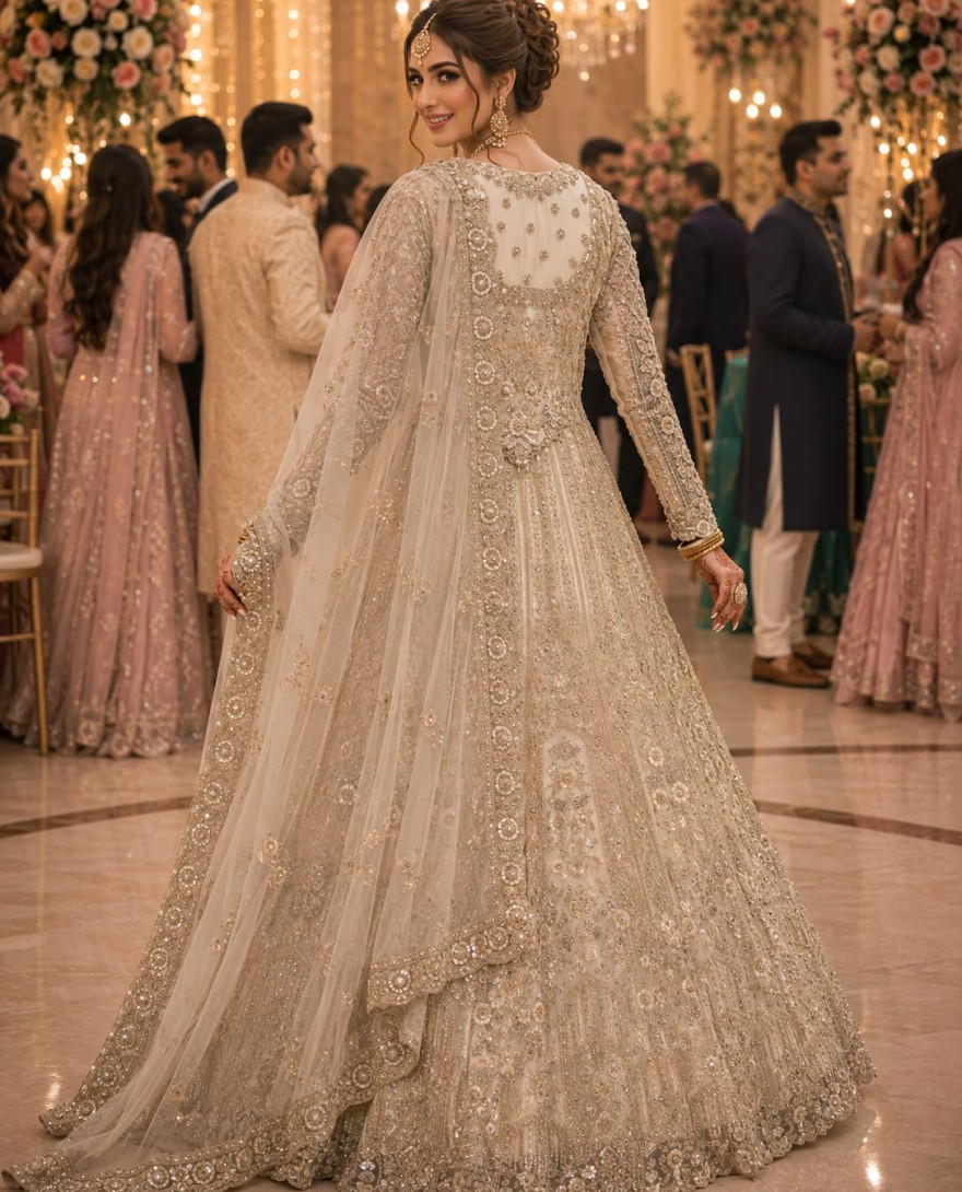 SILVER - Off White Net Lehenga Choli with Embroidered, Sequins and Stone Work for Reception