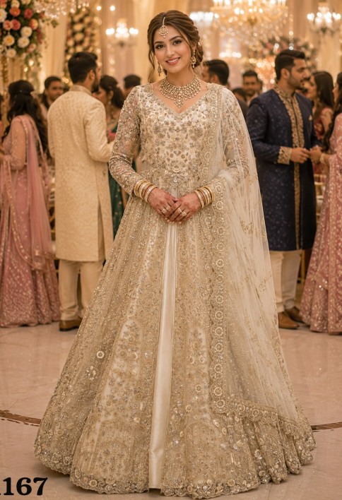 Off White Net Lehenga Choli with Embroidered, Sequins and Stone Work for Reception