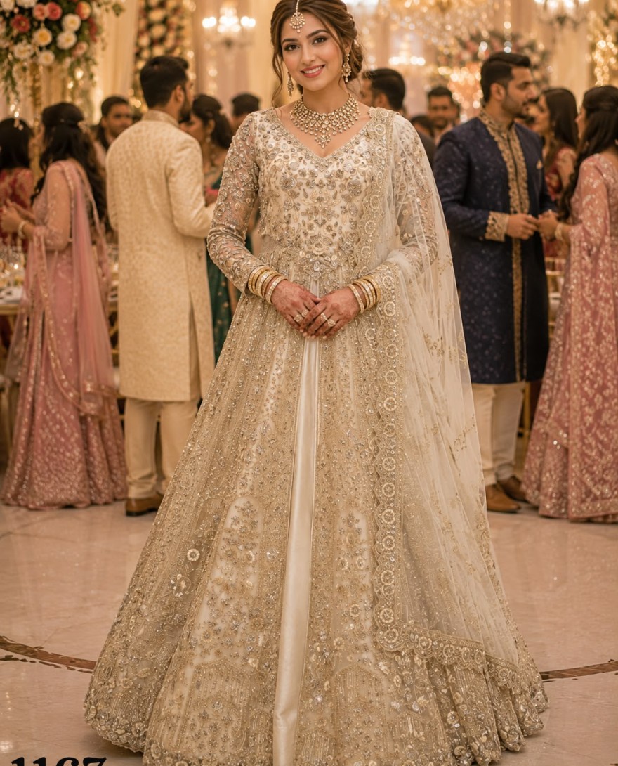 SILVER - Off White Net Lehenga Choli with Embroidered, Sequins and Stone Work for Reception