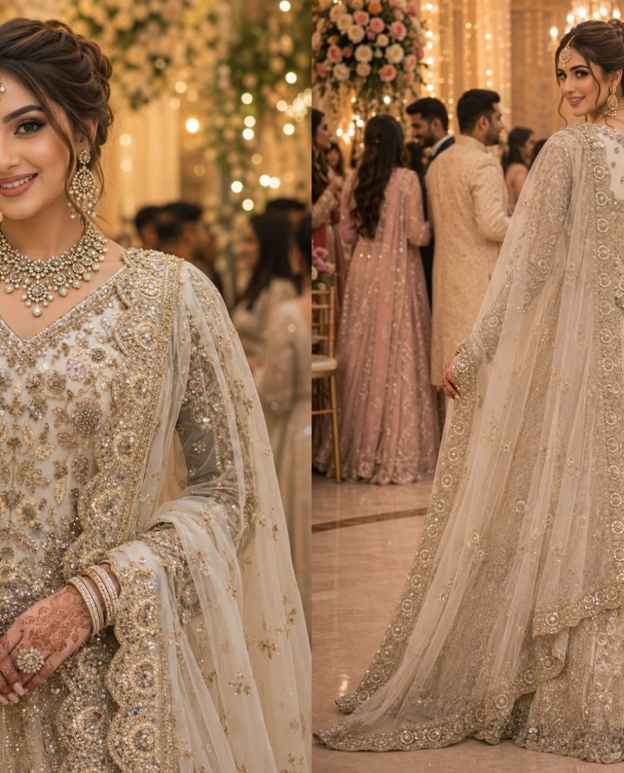 SILVER - Off White Net Lehenga Choli with Embroidered, Sequins and Stone Work for Reception