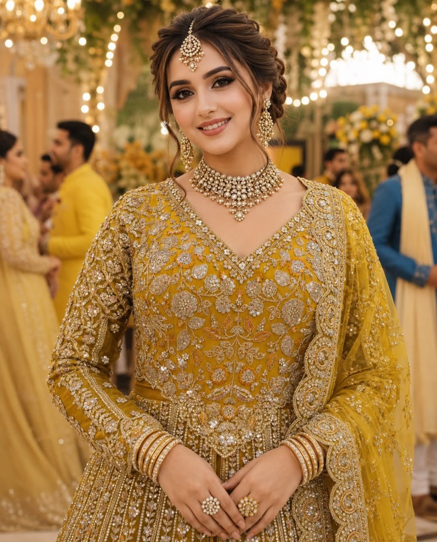 YELLOW - Yellow Net Lehenga Choli with Embroidered, Sequins and Stone Work