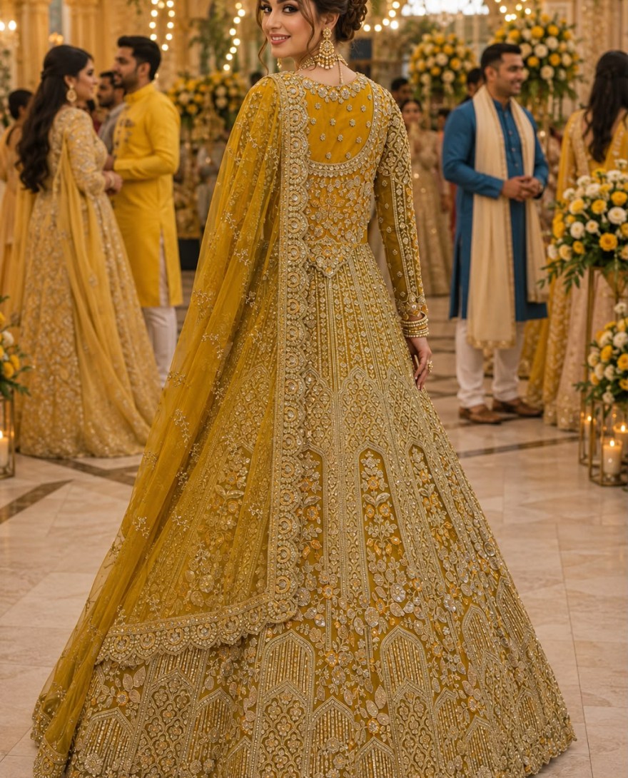 YELLOW - Yellow Net Lehenga Choli with Embroidered, Sequins and Stone Work