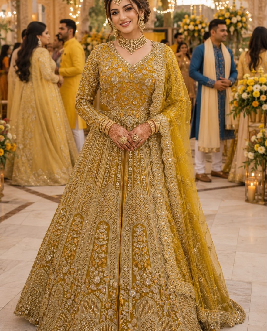 YELLOW - Yellow Net Lehenga Choli with Embroidered, Sequins and Stone Work