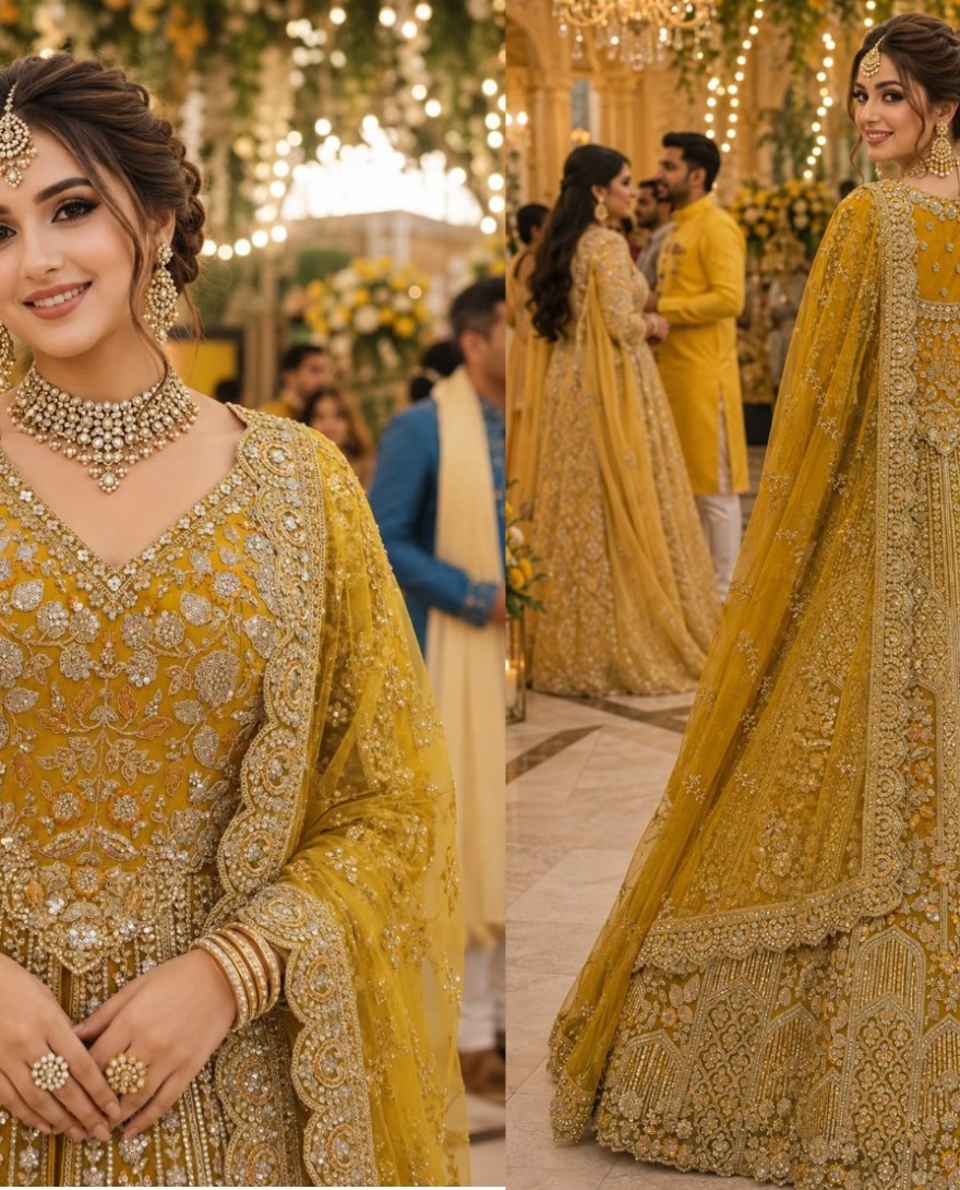 YELLOW - Yellow Net Lehenga Choli with Embroidered, Sequins and Stone Work