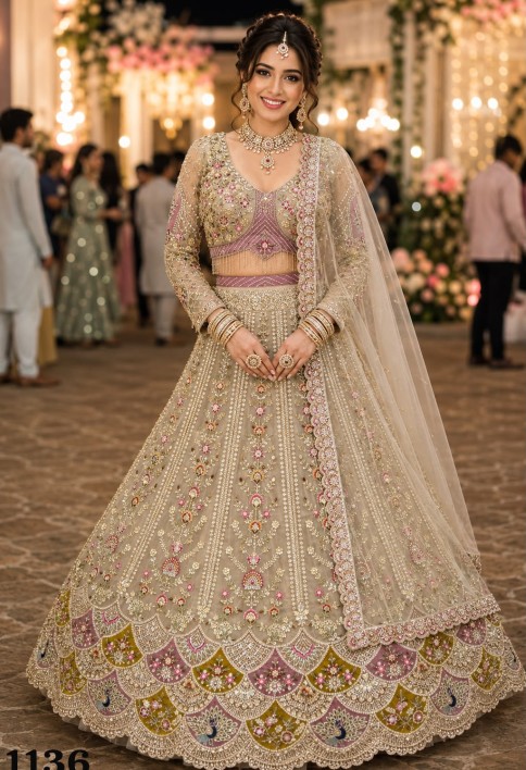 Beige Net Beads, Embroidered and Zari Work Readymade Lehenga Choli