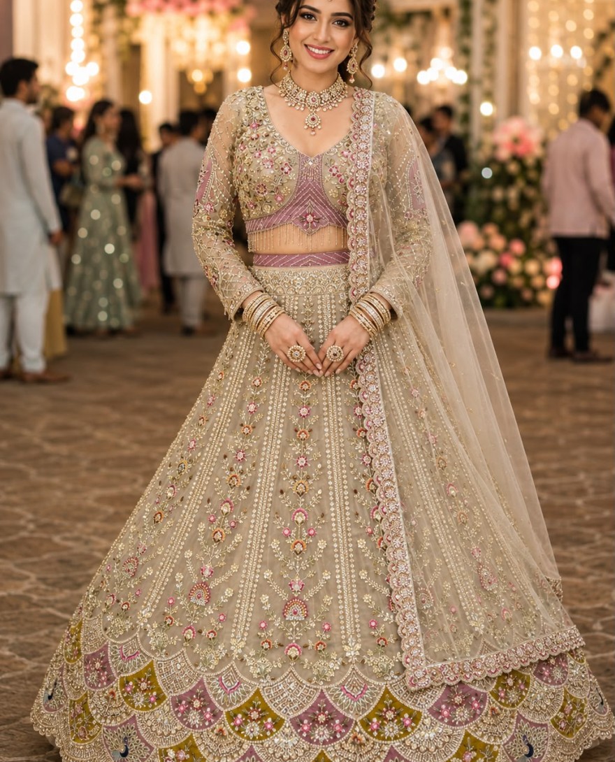 BEIGE - Beige Net Beads, Embroidered and Zari Work Readymade Lehenga Choli