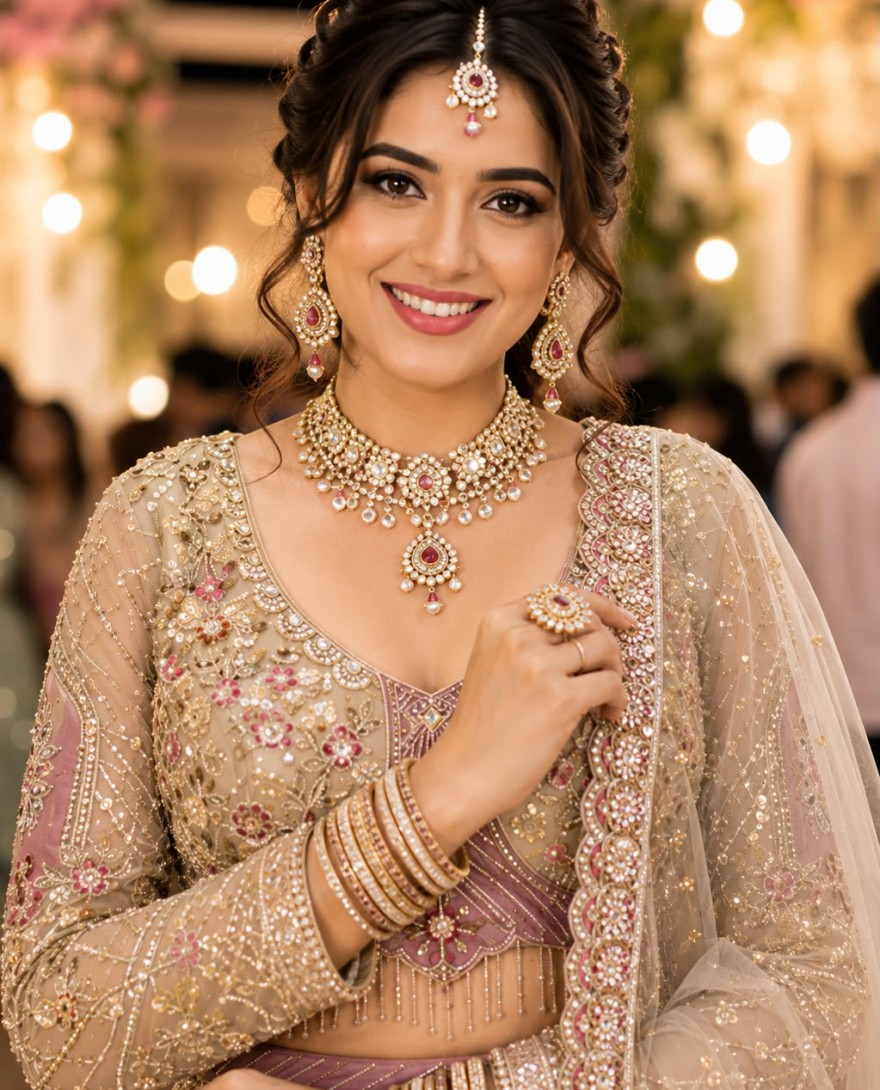 BEIGE - Beige Net Beads, Embroidered and Zari Work Readymade Lehenga Choli