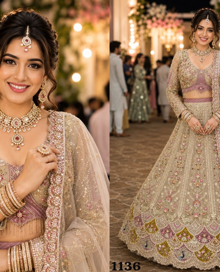 BEIGE - Beige Net Beads, Embroidered and Zari Work Readymade Lehenga Choli