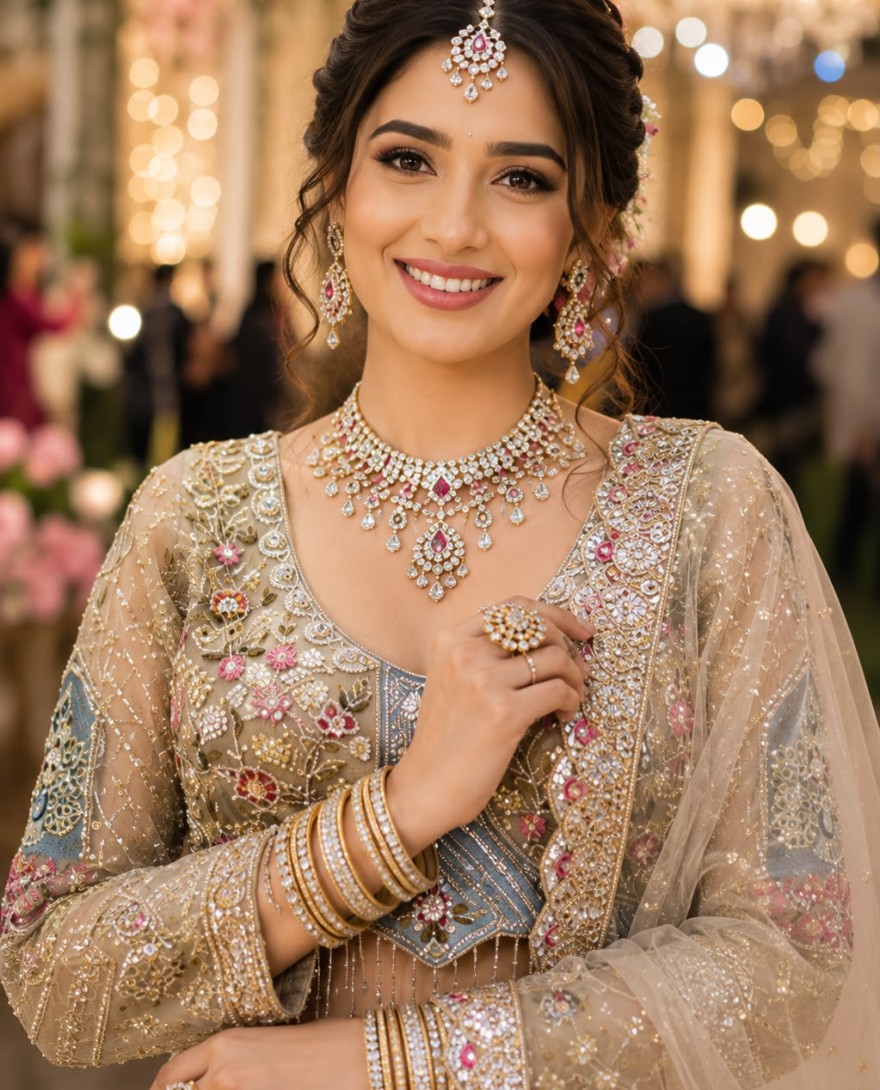 BEIGE - Beige Net Lehenga Choli with Beads, Embroidered and Zari Work for Ceremonial