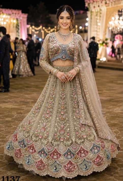 Beige Net Lehenga Choli with Beads, Embroidered and Zari Work for Ceremonial