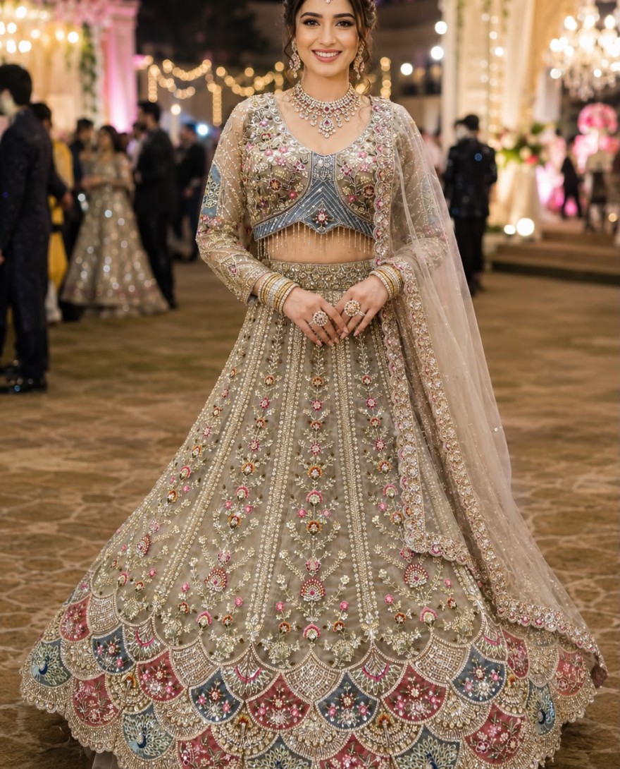 BEIGE - Beige Net Lehenga Choli with Beads, Embroidered and Zari Work for Ceremonial