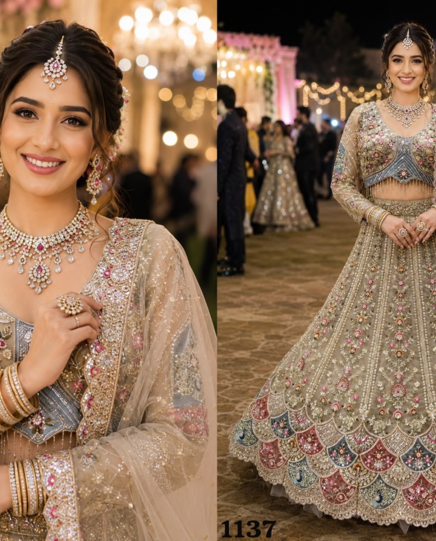 BEIGE - Beige Net Lehenga Choli with Beads, Embroidered and Zari Work for Ceremonial
