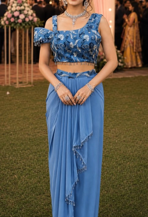 Aqua Blue Lycra Beads and Embroidered Work Classic Saree for Ceremonial