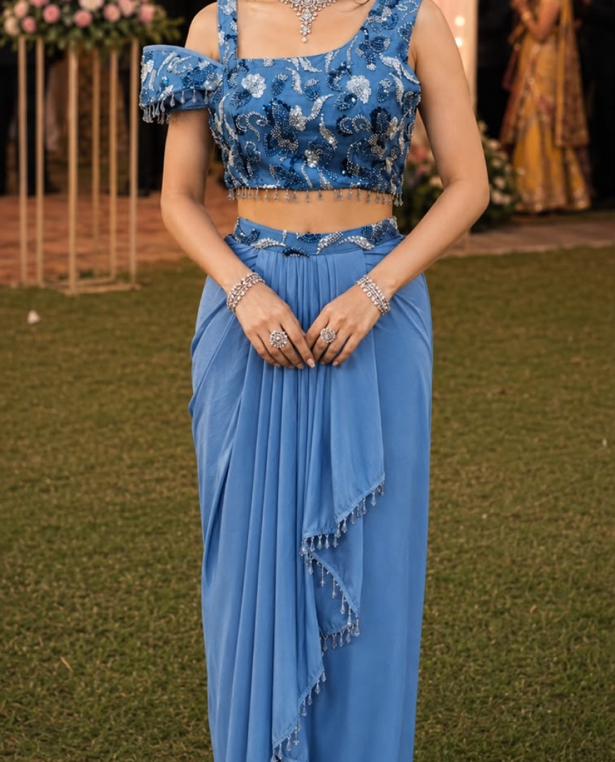 BLUE - Aqua Blue Lycra Beads and Embroidered Work Classic Saree for Ceremonial