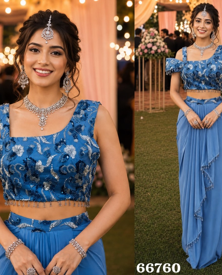 BLUE - Aqua Blue Lycra Beads and Embroidered Work Classic Saree for Ceremonial