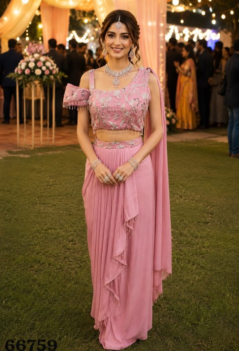 Pink Lycra Beads and Embroidered Work Contemporary Sari