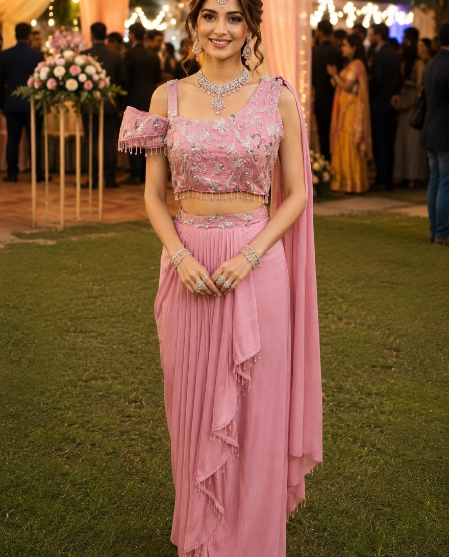 PINK - Pink Lycra Beads and Embroidered Work Contemporary Sari