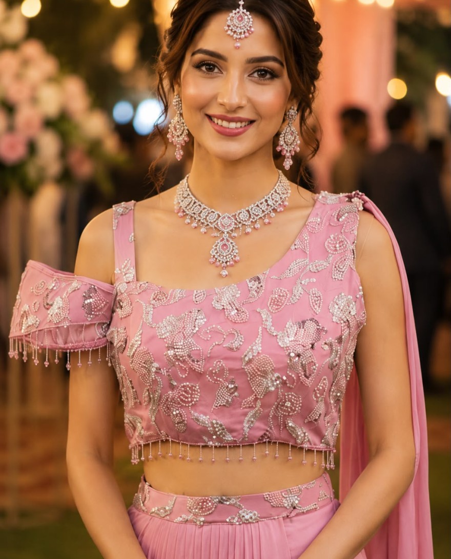 PINK - Pink Lycra Beads and Embroidered Work Contemporary Sari