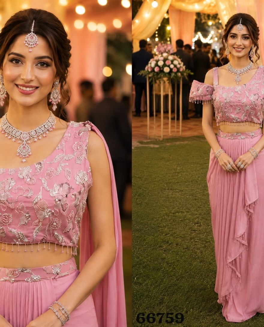 PINK - Pink Lycra Beads and Embroidered Work Contemporary Sari