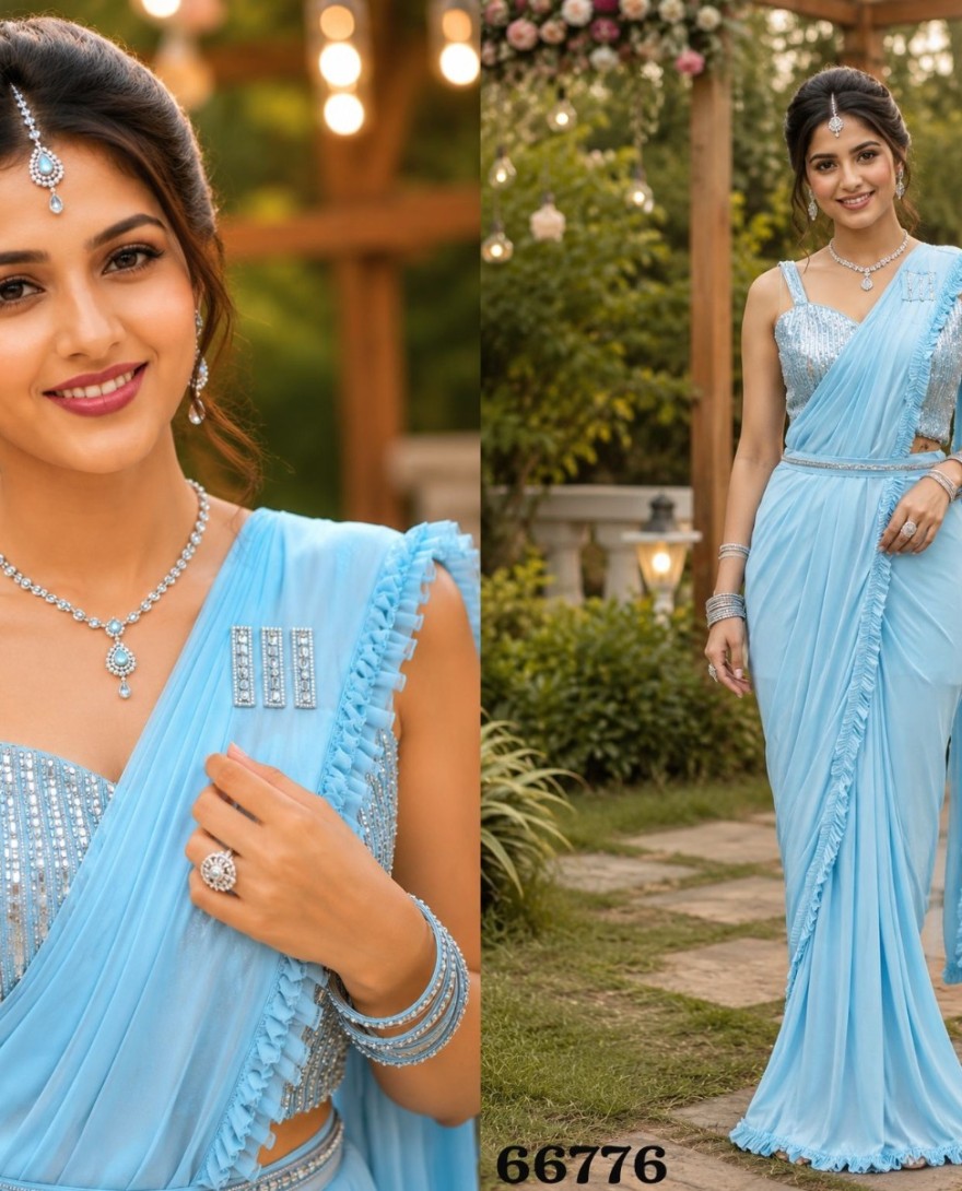 BLUE - Patch Border, Embroidered, Ruffle and Sequins Work Lycra Contemporary Saree In Aqua Blue Colour