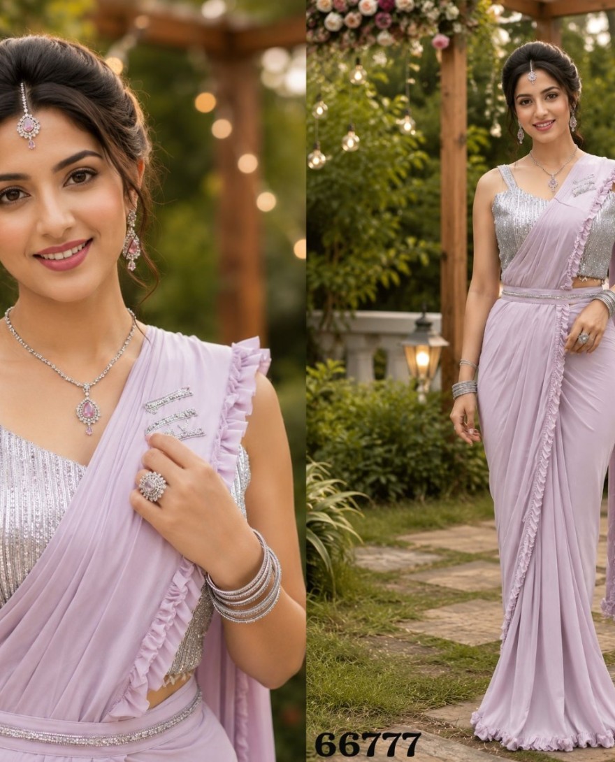 LAVENDER - Lavender Lycra Patch Border, Embroidered, Ruffle and Sequins Work Classic Sari