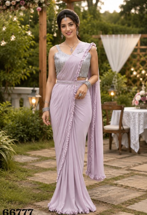 Lavender Lycra Patch Border, Embroidered, Ruffle and Sequins Work Classic Sari
