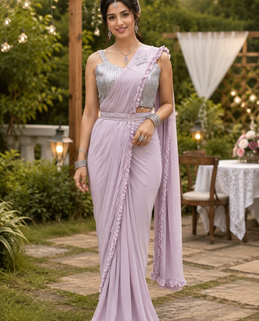 LAVENDER - Lavender Lycra Patch Border, Embroidered, Ruffle and Sequins Work Classic Sari