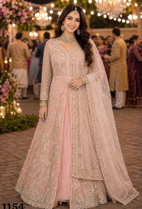 Peach Net Beads Work Festival Wear Readymade Lehenga Choli