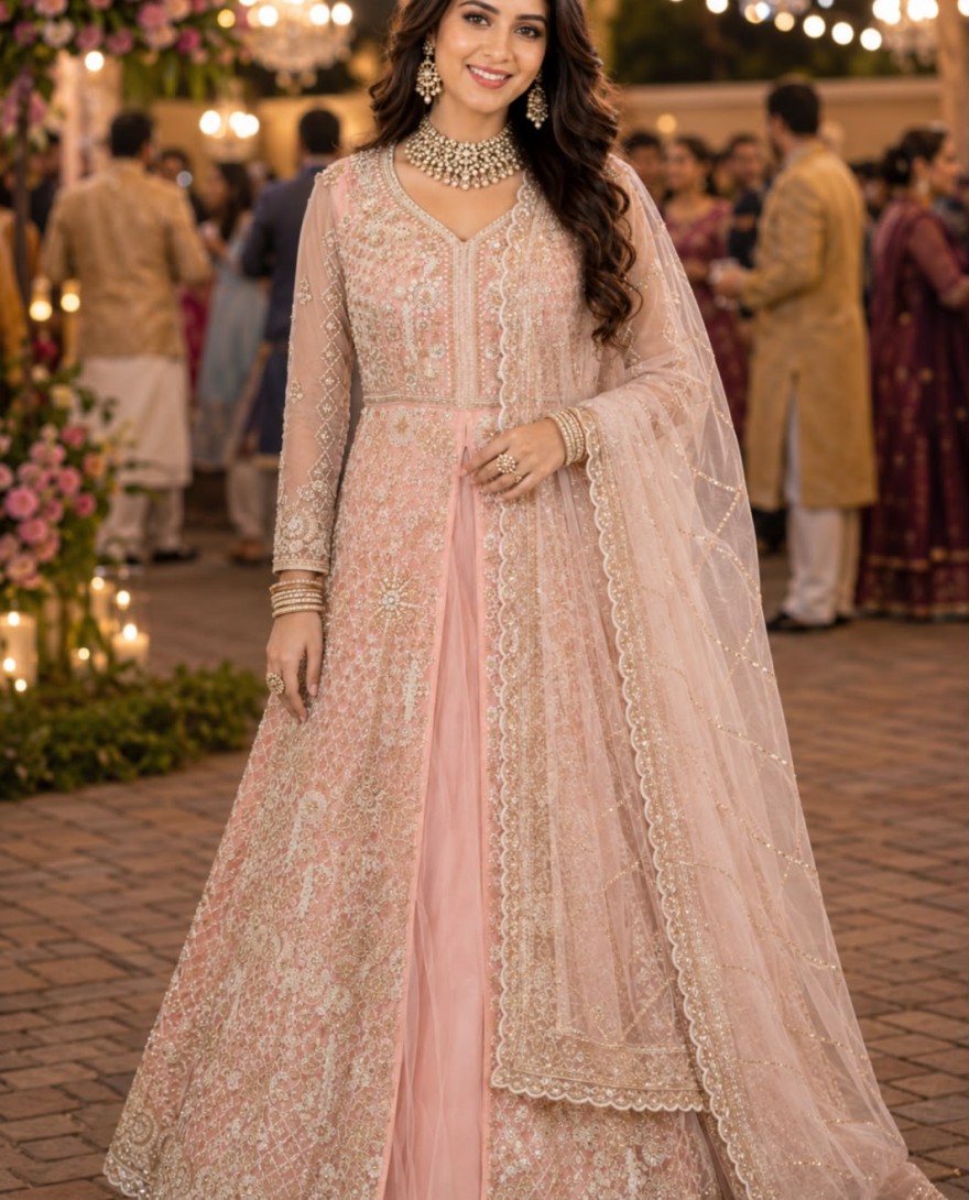 LIGHTPINK - Peach Net Beads Work Festival Wear Readymade Lehenga Choli