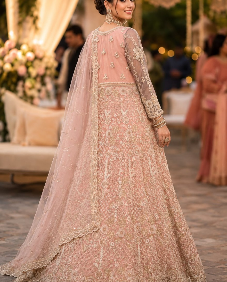 LIGHTPINK - Peach Net Beads Work Festival Wear Readymade Lehenga Choli