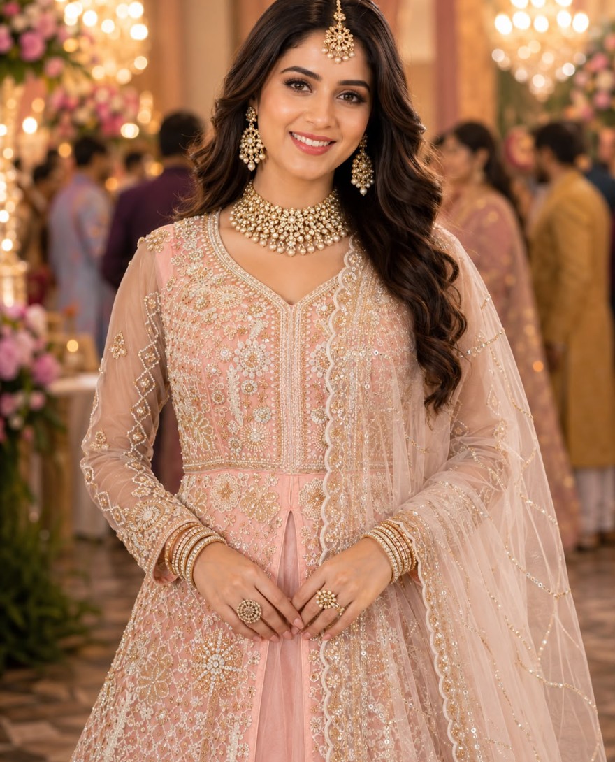 LIGHTPINK - Peach Net Beads Work Festival Wear Readymade Lehenga Choli