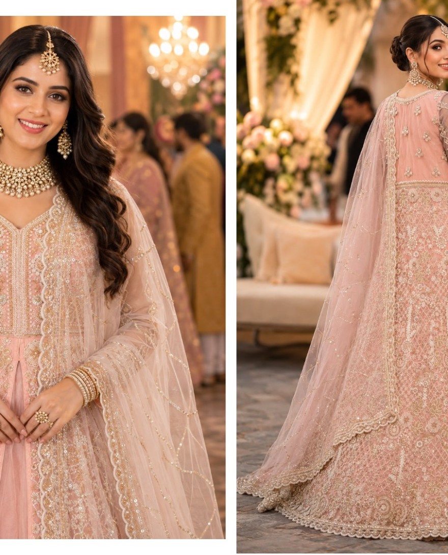 LIGHTPINK - Peach Net Beads Work Festival Wear Readymade Lehenga Choli