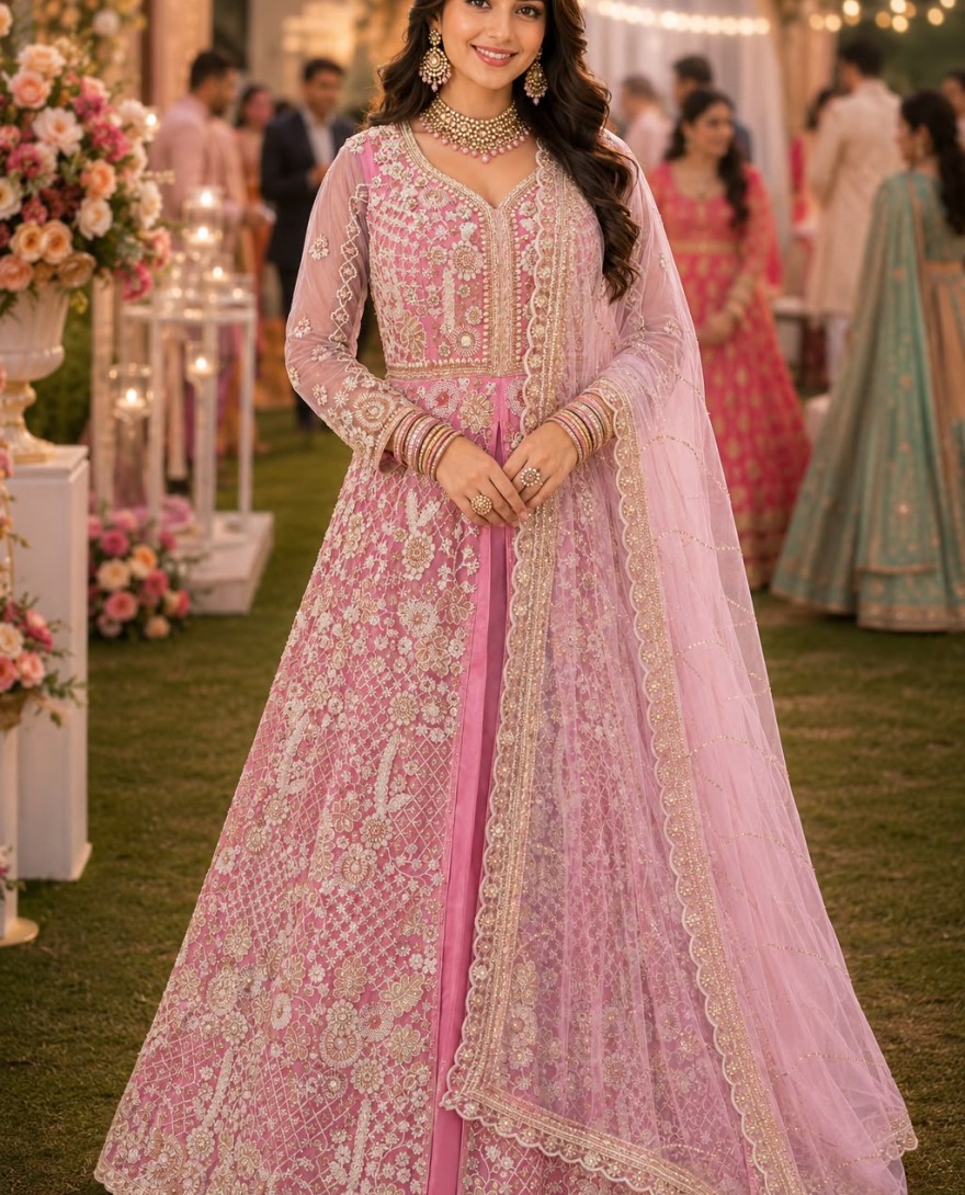 PINK - Pink Net Beads Work Festival Wear Readymade Lehenga Choli