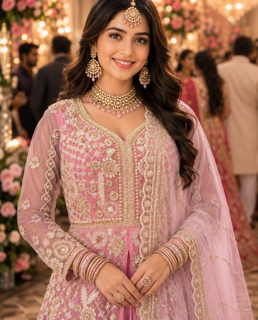 PINK - Pink Net Beads Work Festival Wear Readymade Lehenga Choli
