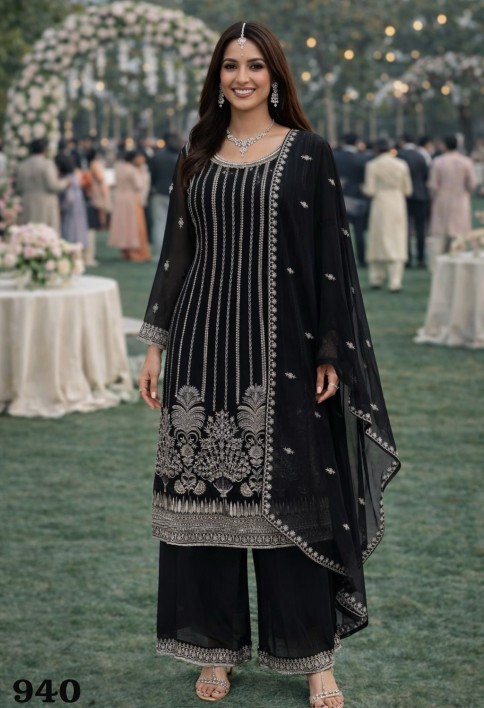 Black Georgette Embroidered Work Palazzo Salwar Suit