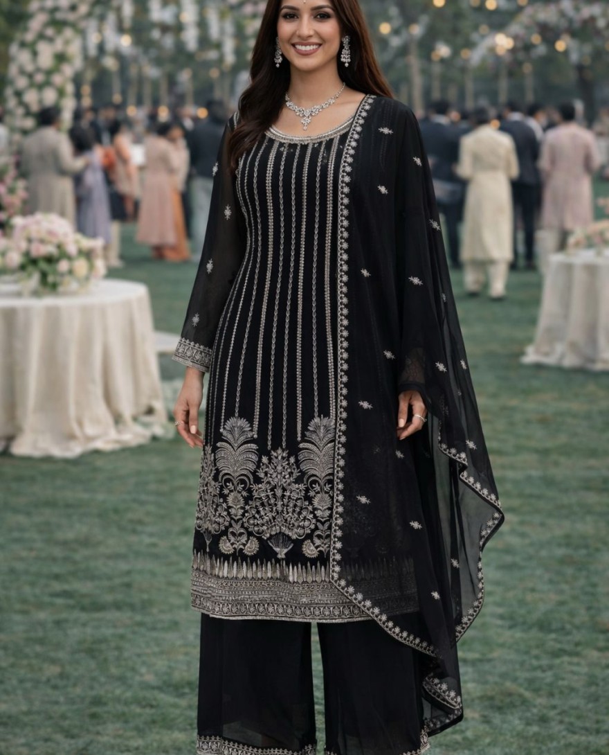 BLACK - Black Georgette Embroidered Work Palazzo Salwar Suit