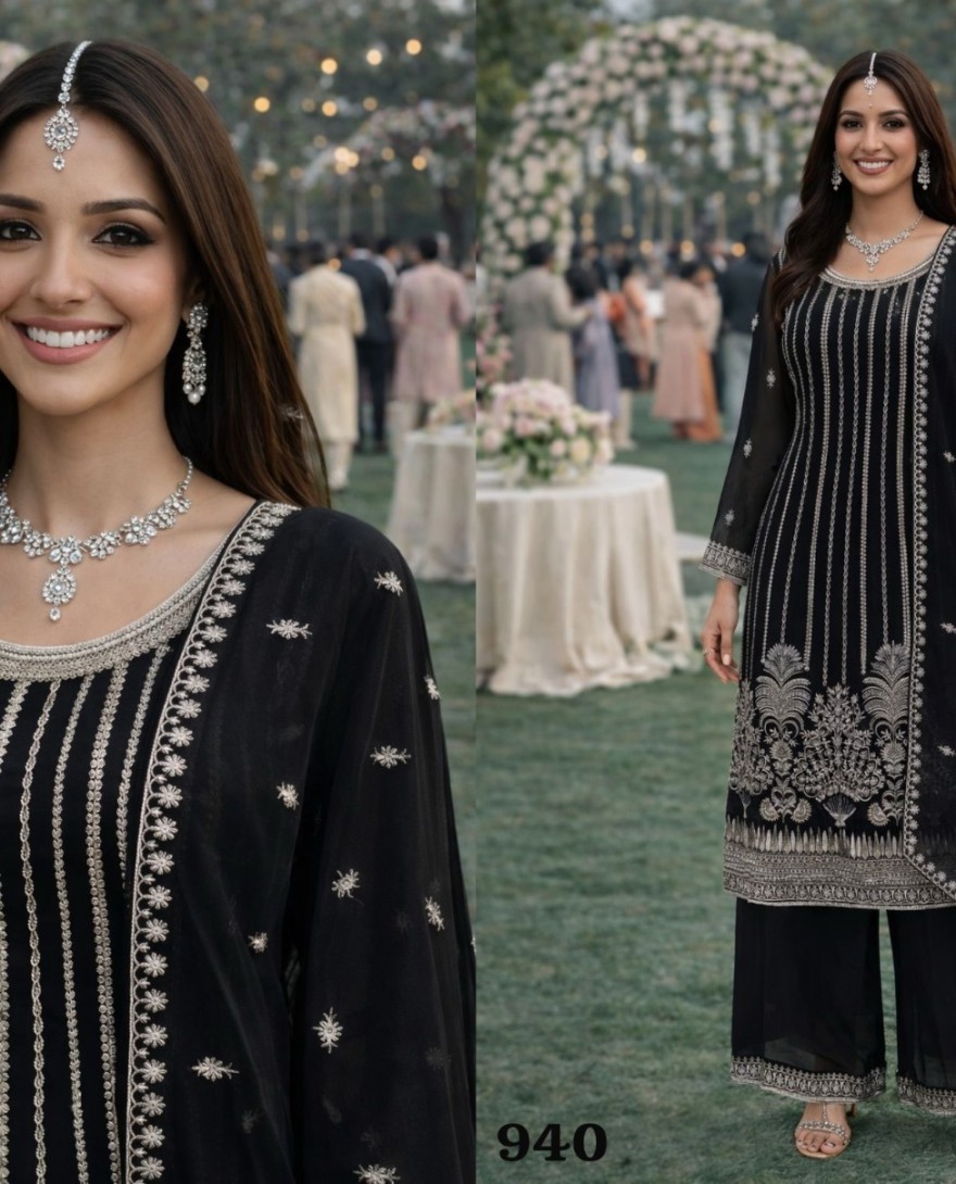 BLACK - Black Georgette Embroidered Work Palazzo Salwar Suit