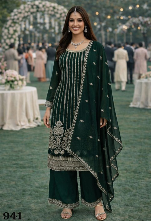 Embroidered Work Georgette Salwar Suit In Green Colour