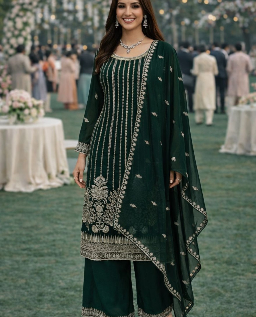 GREEN - Embroidered Work Georgette Salwar Suit In Green Colour